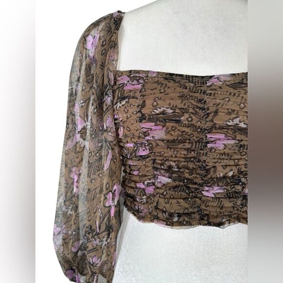 Free People Olive Green & Purple Floral Lilia Ruched Mesh Crop Top - Picture 8 of 13
